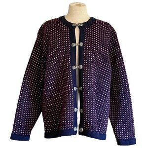 LL Bean Womens Cardigan XL Navy Blue Wool Birdseye Nordic Scandinavian Sweater